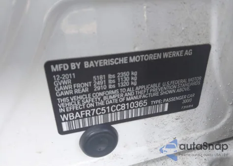 2012 BMW 535I from USA, damaged, VIN WBAFR7C51CC810365